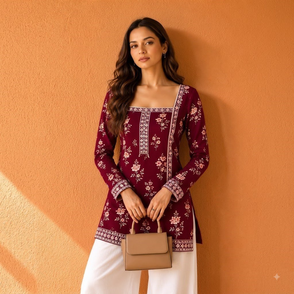 women maroon short kurti WOMEN FULLSLEEV SHORT KURTI - Image 1
