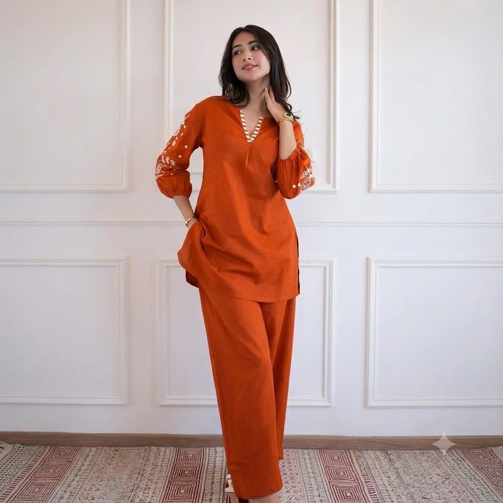 ORANGE CO ORD SET 1 WOMEN'S COTTON FABRIC CO-ORD SET - Image 1