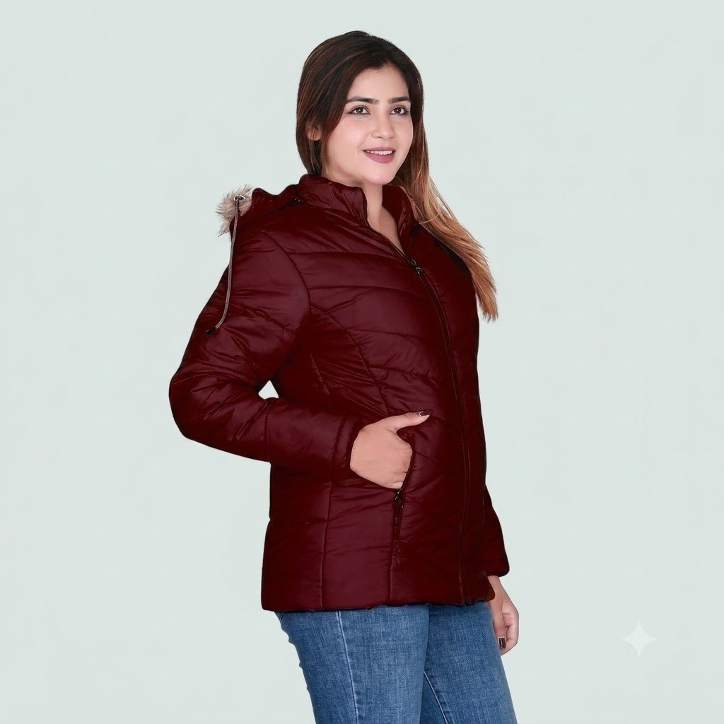 maroon puffer jacket WOMEN'S PUFFER JACKET - Image 1