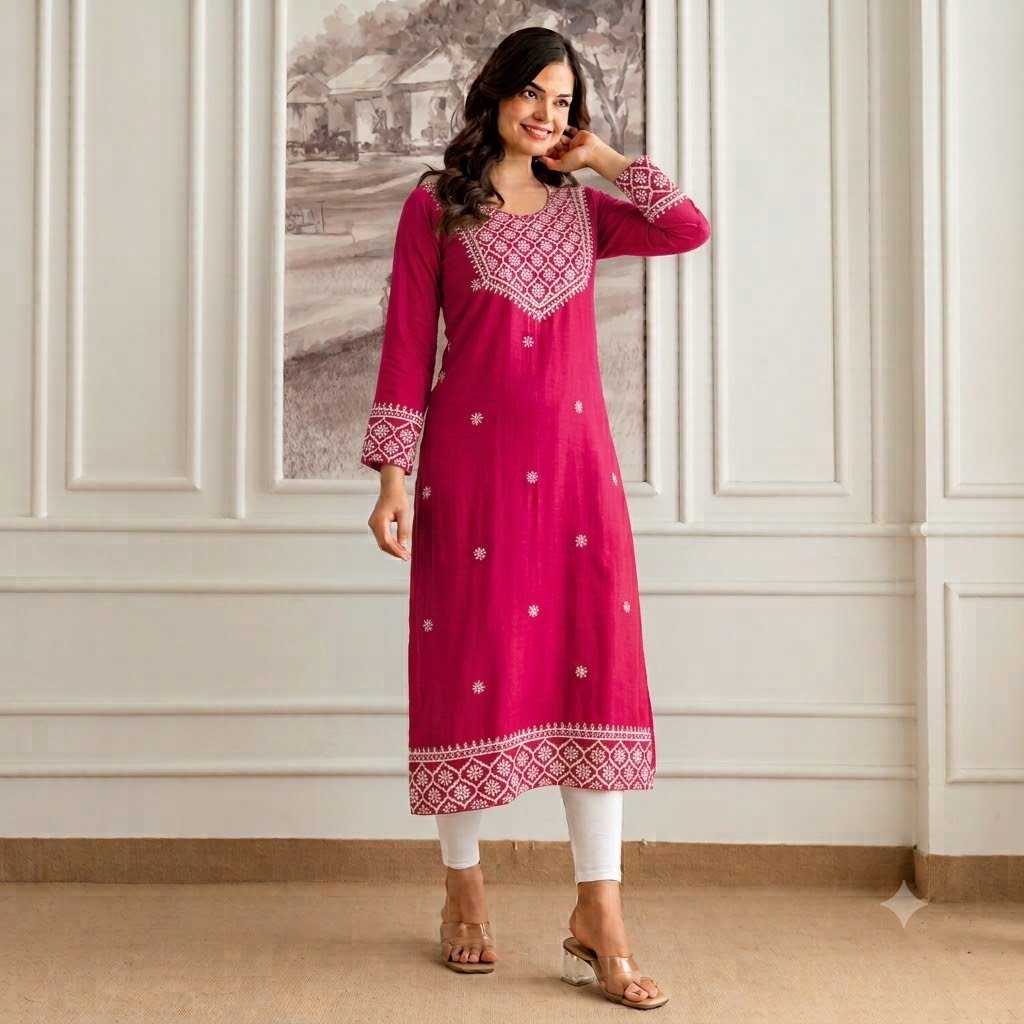 pink long kurti 1 WOMEN'S RAYON STRAIGHT KURTI - Image 1