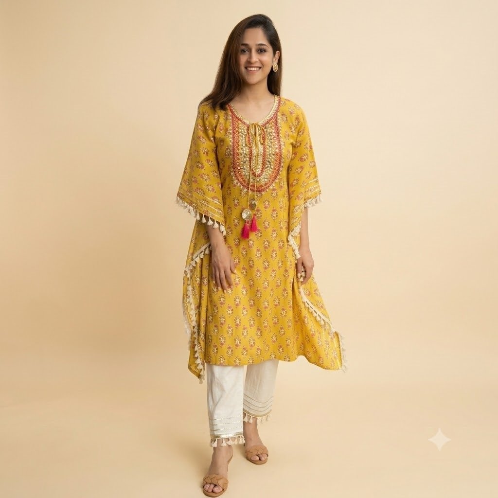 yellow kaftan 1 KAFTAN KURTI WITH PANT - Image 1